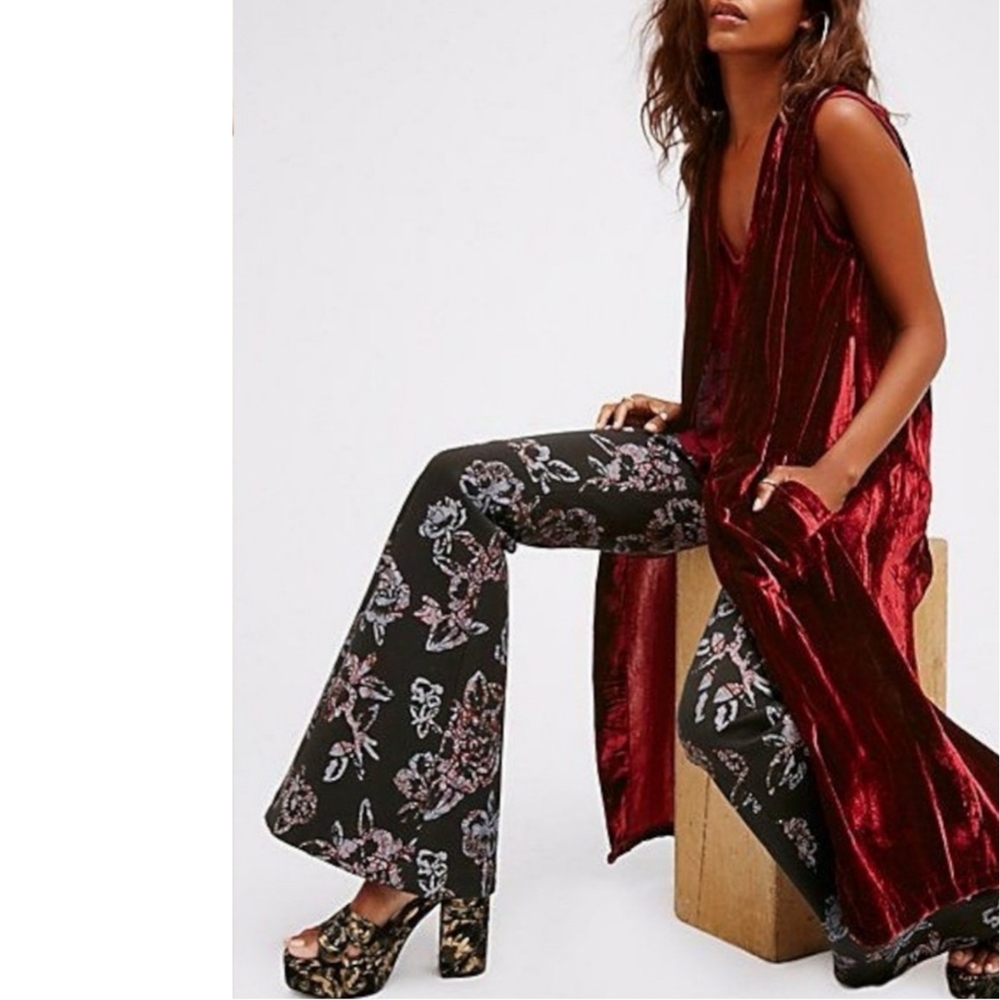 Free People Burgundy and Black Floral Flare Pants
